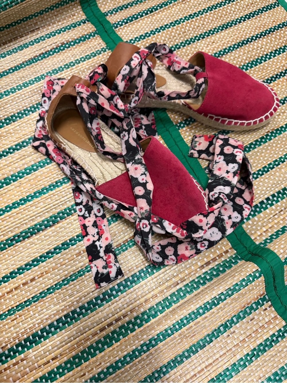 Anthropologie Floral Tie Espadrille Flats - Raspberry Pink